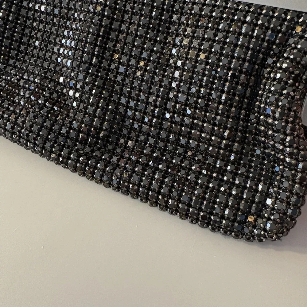NEW Natasha Crystal Evening Purse Clutch Black Convertible Prong Set Stones